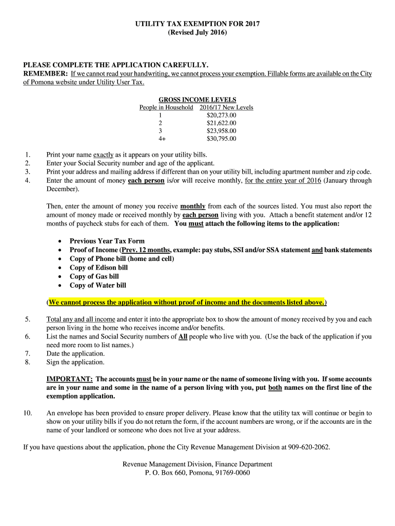 Fillable Online ci pomona ca UTILITY TAX EXEMPTION FOR 2017 (Revised