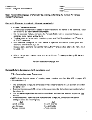 Chemistry 11 Inorganic Nomenclature Worksheet