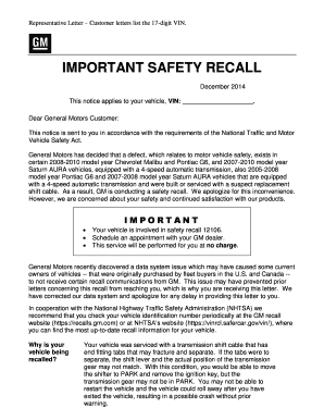 Notarized letter - Representative Letter Customer letters list the 17-digit VIN - www-odi nhtsa dot