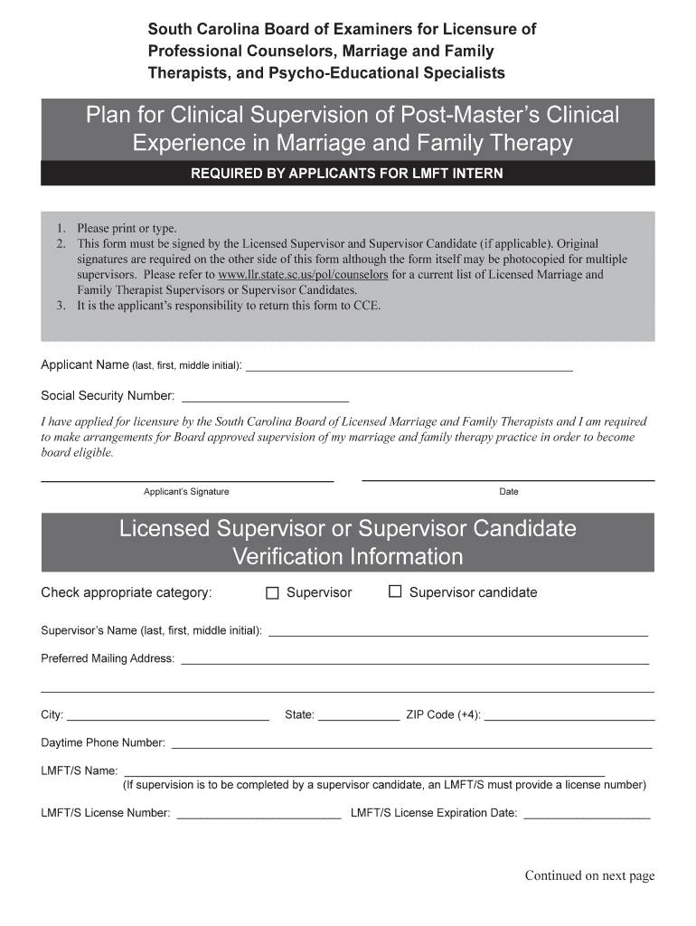 Fillable Online llr sc Plan for Clinical Supervision of PostMaster s