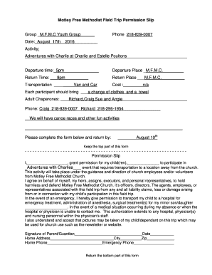 Motley Free Methodist Field Trip Permission Slip Group M.F.M.C ...