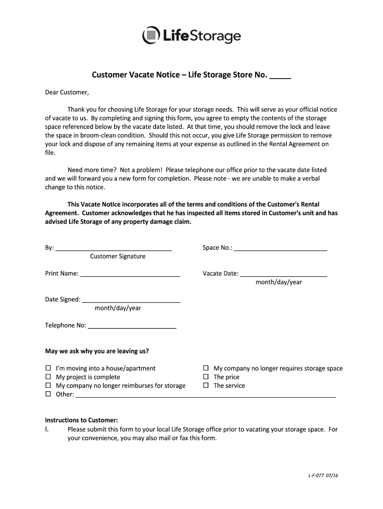 life storage move out form Preview on Page 1