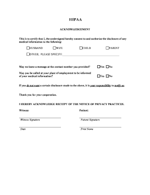 Fillable Online HIPPA Acknowledgment Fax Email Print - pdfFiller