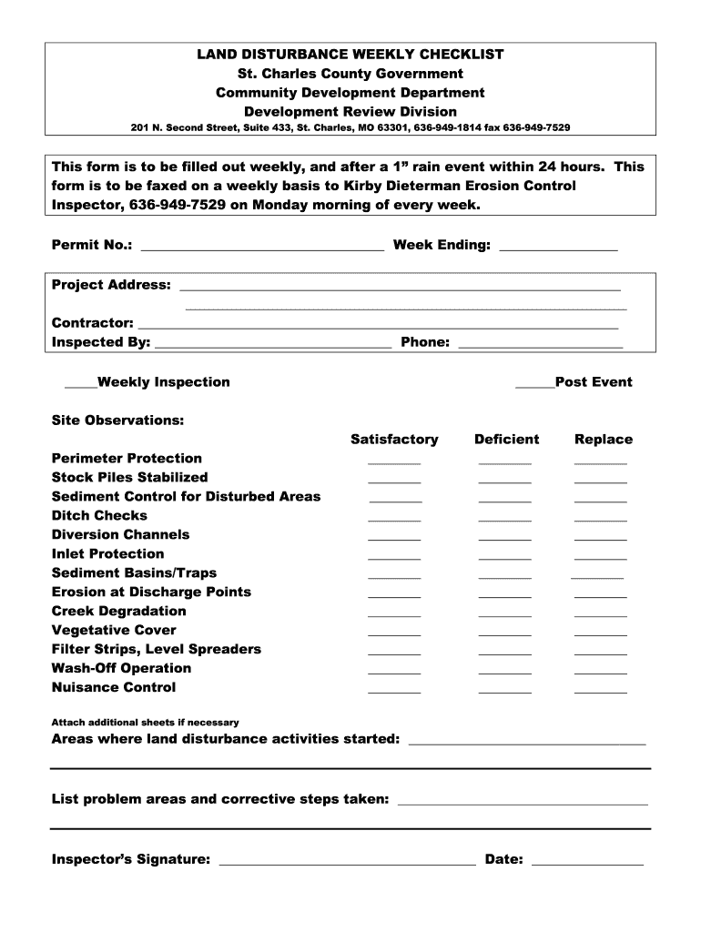 Fillable Online Land Disturbance Weekly Checklist St. Charles County Fax Email Print pdfFiller