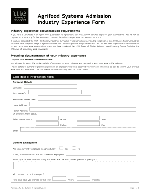 What is my class of admission - Agrifood Systems Admission Industry Experience Form - une edu