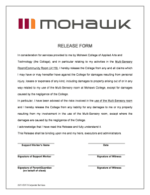 Motocross track waiver form - RELEASE FORM Multi Sensory room - mohawkcollege.ca