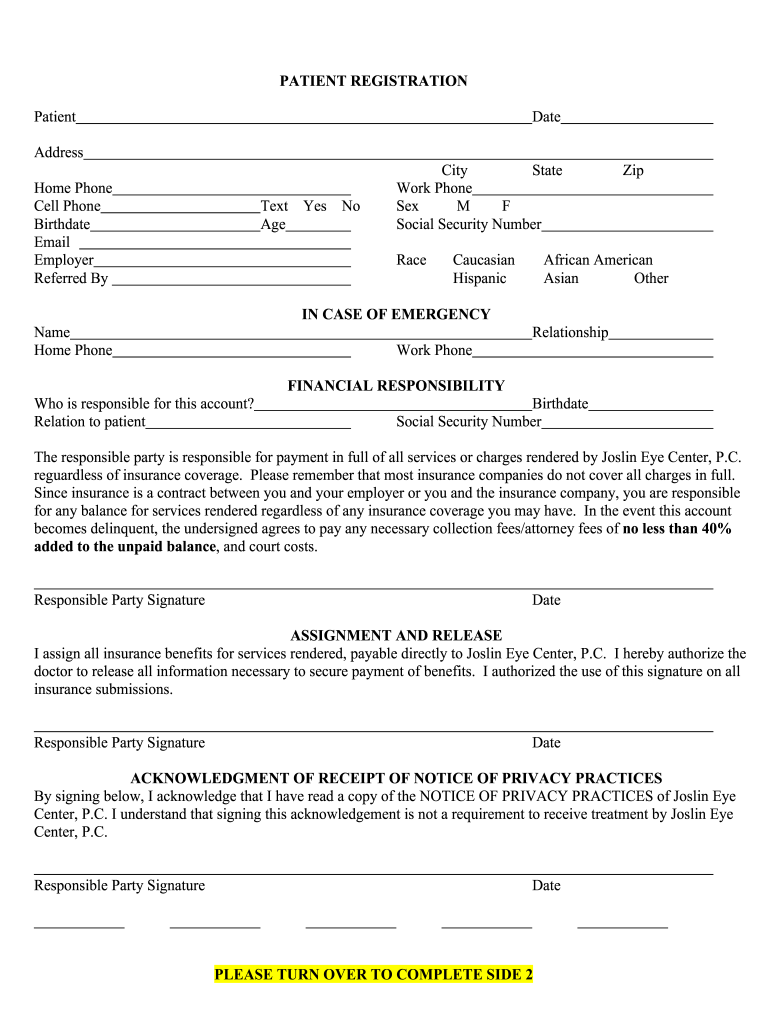 joslin eye center patient form blank Preview on Page 1