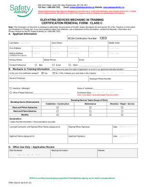 Elevating devices mechanic in training certification renewal form