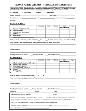 fillable online tacomaschools substitute feedback form substitute feedback form