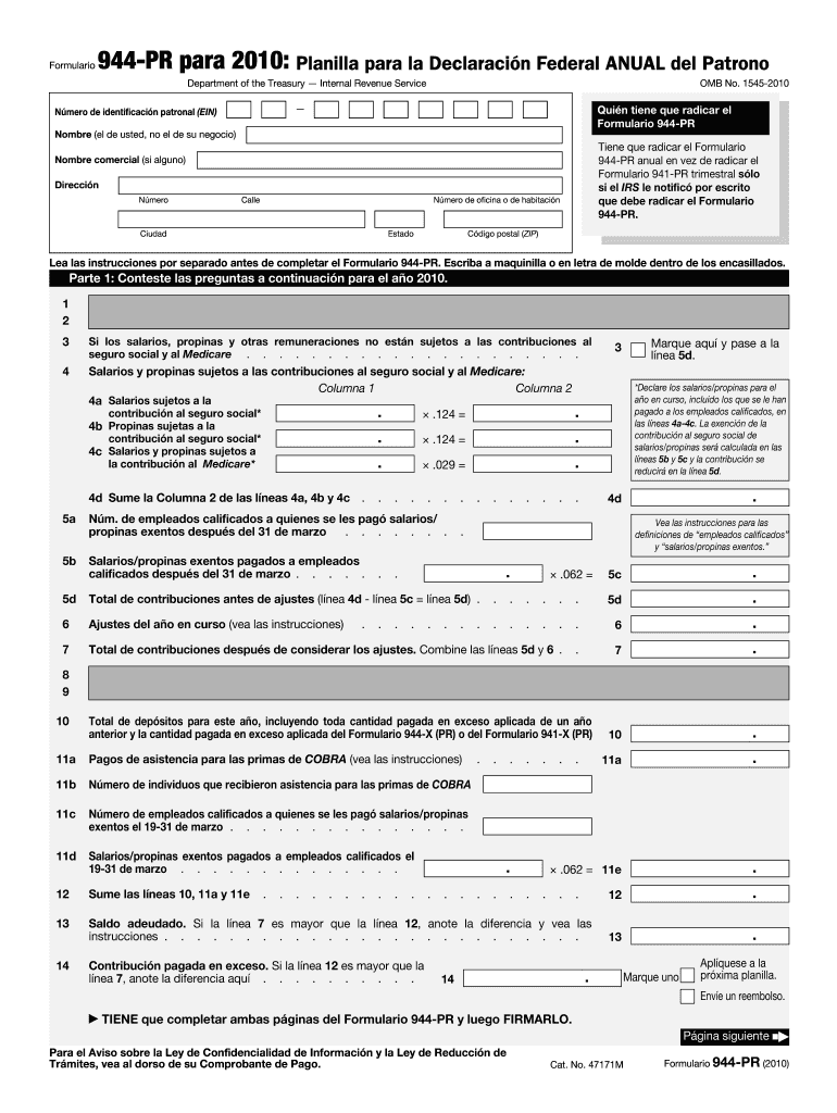 Fillable Online 2010 Form 944PR. Employer's Annual Federal Tax Return