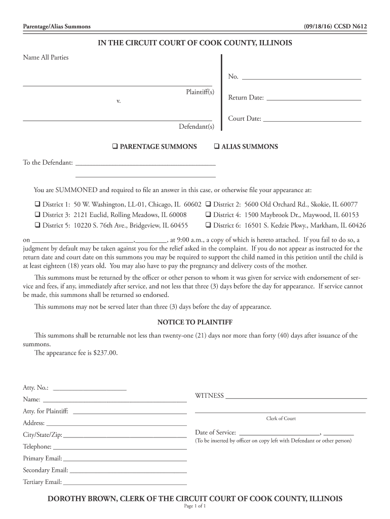 Parentage Alias Summons Preview on Page 1