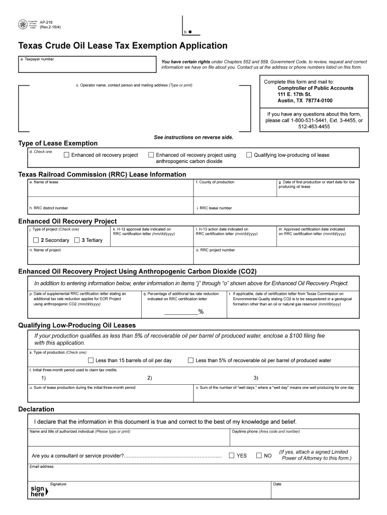 Fillable Online Texas Crude Oil Lease Tax Exemption Application Fax