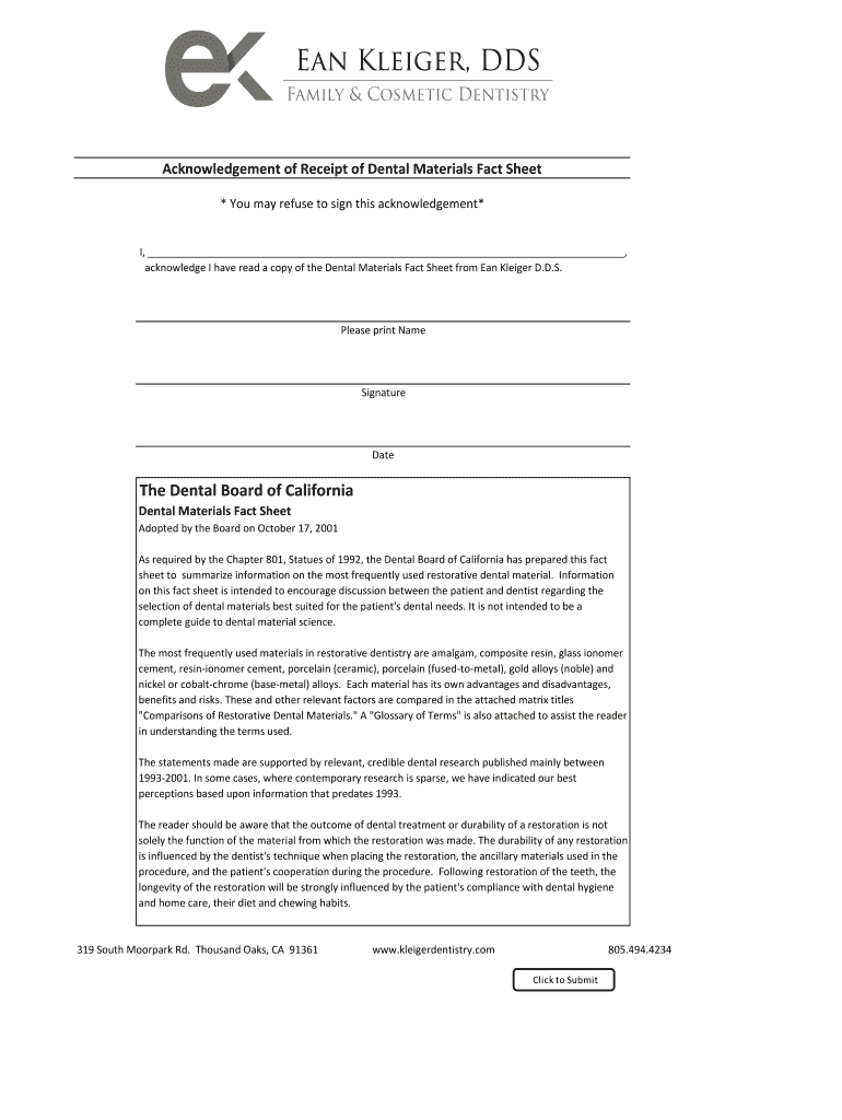 Fillable Online Kleiger Acknowlegement of Receipt of Dental Material