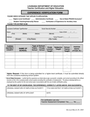 Louisiana Teacher Certification Experience Verification Form