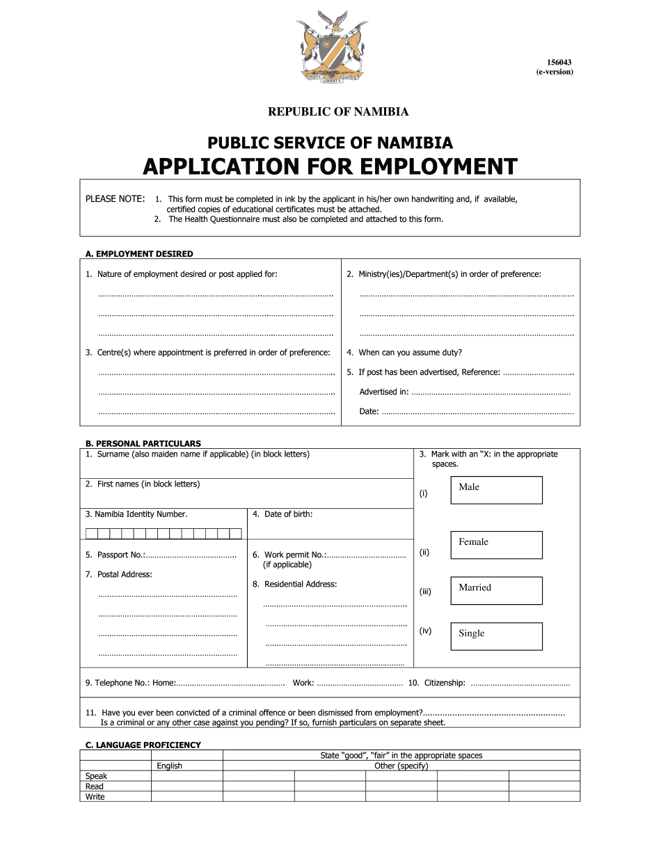 Namibia Employment Application Form