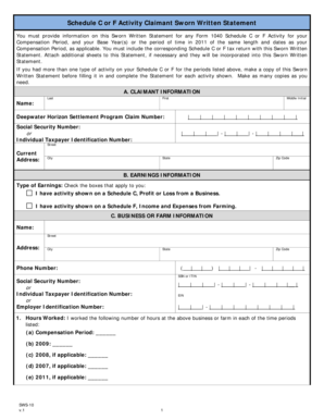 Schedule C or F Activity Claimant Sworn Written Statement