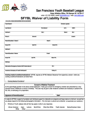 San Francisco Youth Baseball League SFYBL Waiver Of Liability Form ...