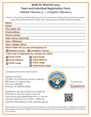 Walk for Warmth 2013 Registration Form
