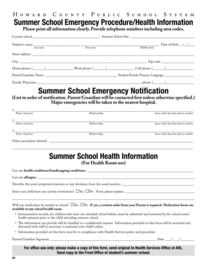 Howard County Summer School Emergency Health Form