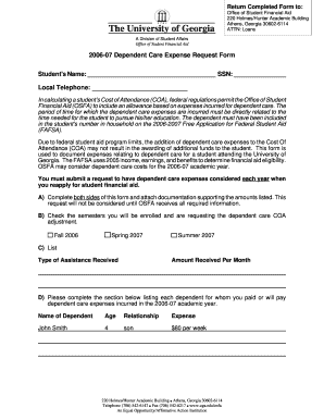 2006-07 Dependent Care Expense Request Form