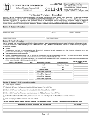 University of Georgia Verification Worksheet