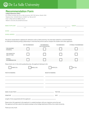 Recommendation Form for College Admissions