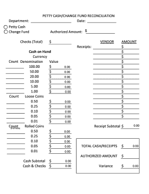 Safe count log - petty cash reconciliation form