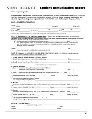 SUNY Orange Student Immunization Record