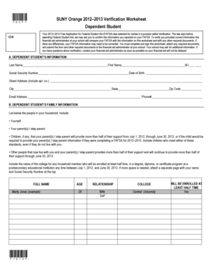 2012–2013 Dependent Verification Worksheet