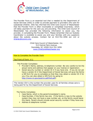 Provider Form for Subsidized Child Care