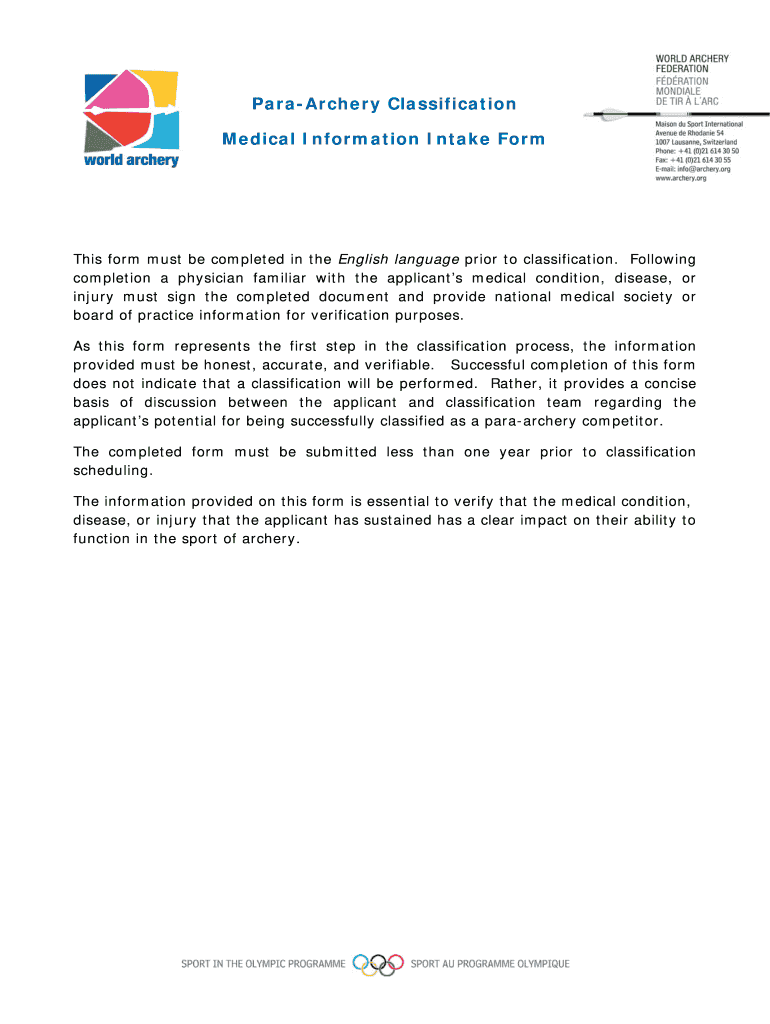 medical intake for paraarchery form Preview on Page 1.