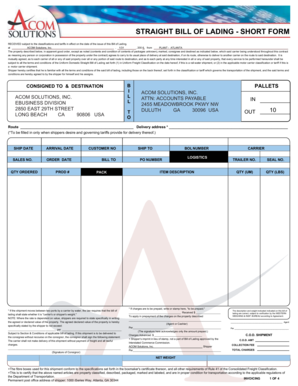 Straight Bill of Lading Short Form