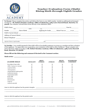 Teacher evaluation form for students - Teacher Evaluation Form (Math) - Mt. Bethel Christian Academy - mtbethelchristian