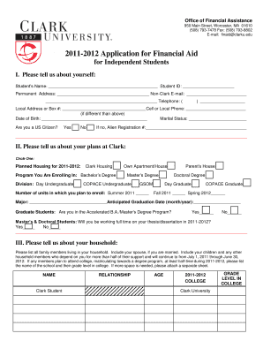 2011-2012 Financial Aid Application for Independent Students