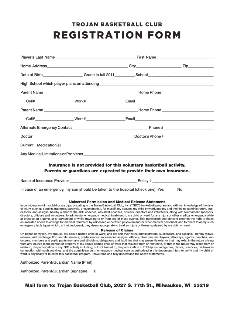 Trojan Basketball Club Registration Form Fill and Sign Printable