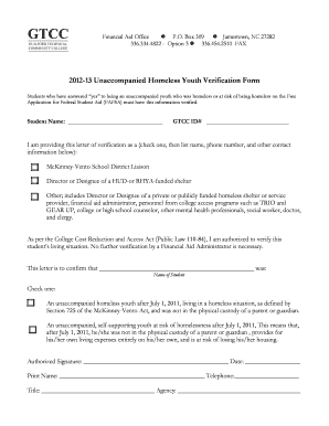 2012-13 Unaccompanied Homeless Youth Verification Form