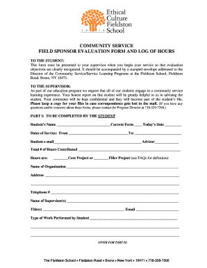 Community service field sponsor evaluation form and log of hours - ecfs