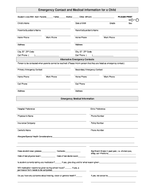 Emergency Contact and Medical Information for a Child