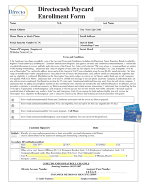 Directocash Paycard Enrollment Form