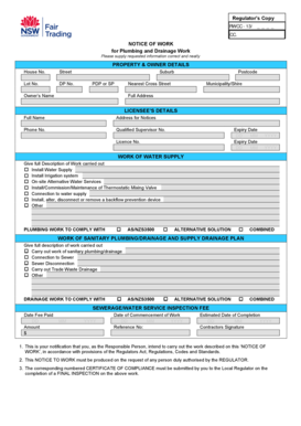 Notice of Work for Plumbing and Drainage