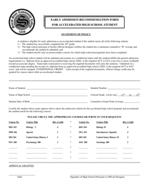 Early Admission Recommendation Form for Accelerated High School Student