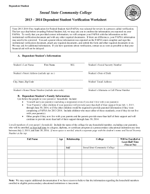 2013-2014 Dependent Student Verification Worksheet