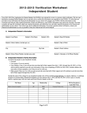 2012–2013 Verification Worksheet