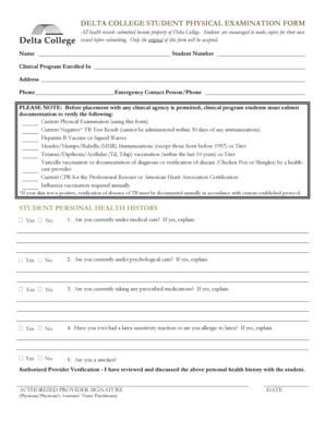 Delta College Student Physical Examination Form