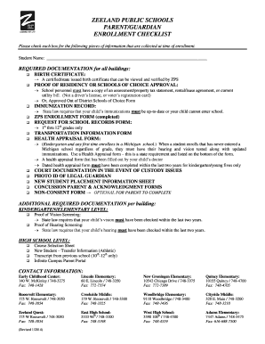 Zeeland Public Schools Enrollment Checklist