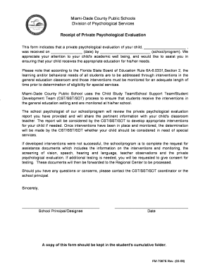 Miami-Dade County Private Psychological Evaluation Receipt