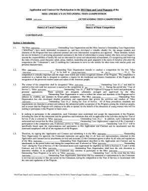 Miss America Outstanding Teen Competition Application and Contract