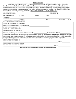Oswego State University Student Accident and Sickness Insurance Waiver Form