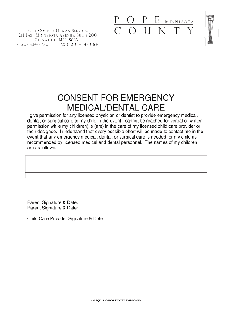 Consent for Emergency Dental and Medical Form - Pope County - co pope mn Preview on Page 1.