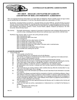 Australian Karting Association Pit Crew Waiver